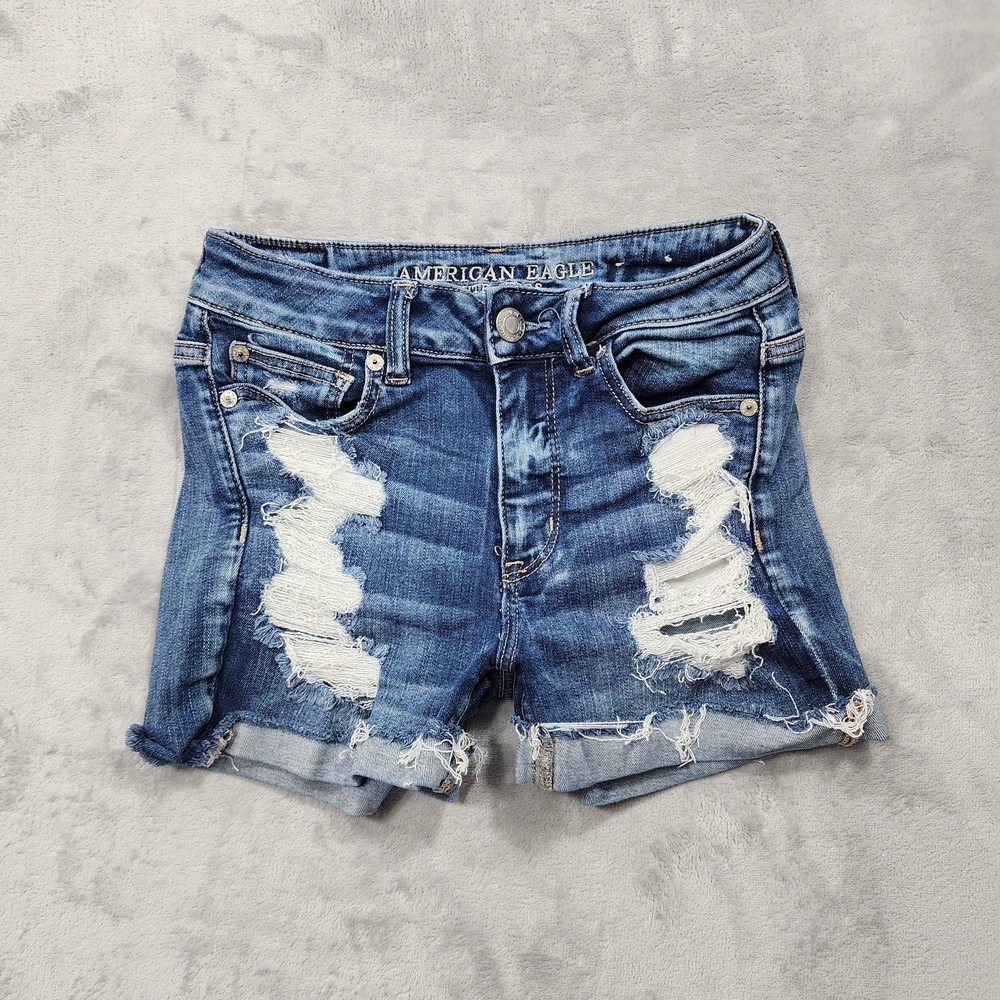 American Eagle Shorts Womens 2 Blue Hi Rise Shortie Distressed Denim Cutoff